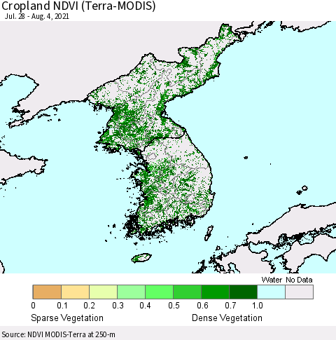 Korea Cropland NDVI (Terra-MODIS) Thematic Map For 7/28/2021 - 8/4/2021