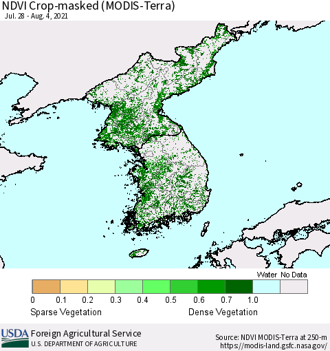 Korea Cropland NDVI (Terra-MODIS) Thematic Map For 8/1/2021 - 8/10/2021