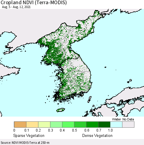 Korea Cropland NDVI (Terra-MODIS) Thematic Map For 8/5/2021 - 8/12/2021