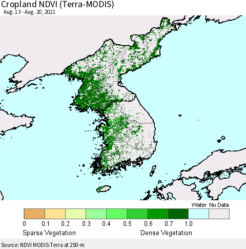 Korea Cropland NDVI (Terra-MODIS) Thematic Map For 8/11/2021 - 8/20/2021