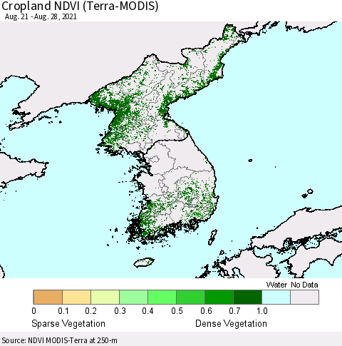 Korea Cropland NDVI (Terra-MODIS) Thematic Map For 8/21/2021 - 8/28/2021
