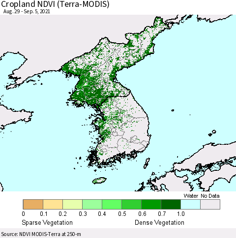 Korea Cropland NDVI (Terra-MODIS) Thematic Map For 8/29/2021 - 9/5/2021