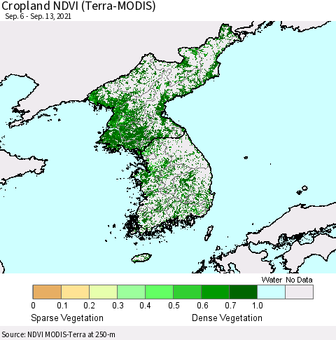 Korea Cropland NDVI (Terra-MODIS) Thematic Map For 9/6/2021 - 9/13/2021