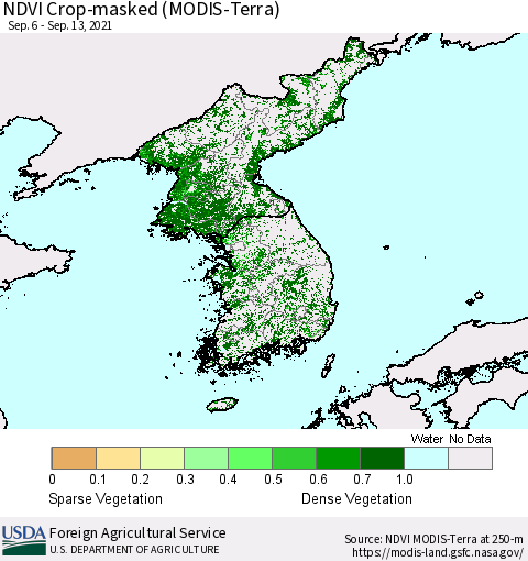 Korea Cropland NDVI (Terra-MODIS) Thematic Map For 9/11/2021 - 9/20/2021