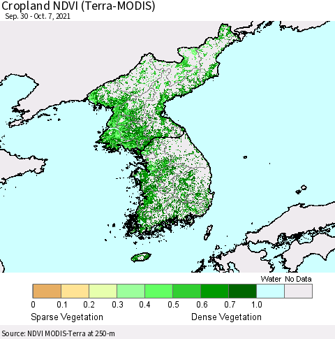 Korea Cropland NDVI (Terra-MODIS) Thematic Map For 9/30/2021 - 10/7/2021