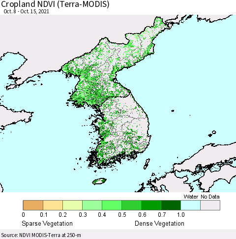 Korea Cropland NDVI (Terra-MODIS) Thematic Map For 10/8/2021 - 10/15/2021