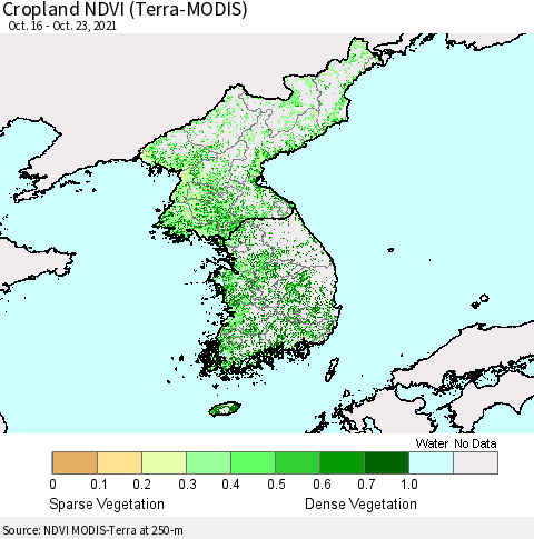 Korea Cropland NDVI (Terra-MODIS) Thematic Map For 10/16/2021 - 10/23/2021