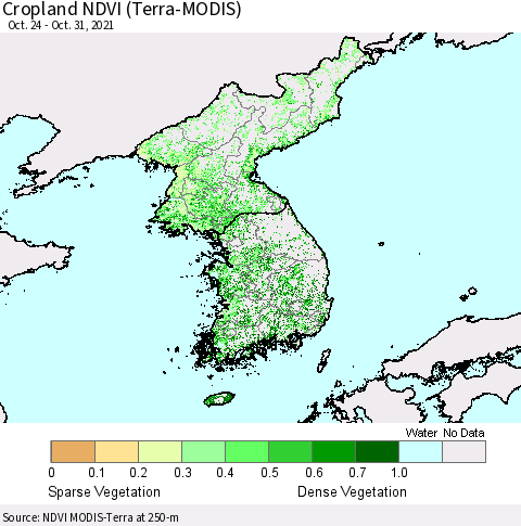 Korea Cropland NDVI (Terra-MODIS) Thematic Map For 10/21/2021 - 10/31/2021