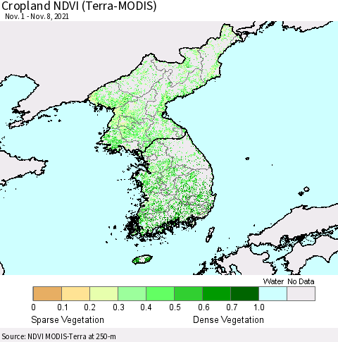 Korea Cropland NDVI (Terra-MODIS) Thematic Map For 11/1/2021 - 11/8/2021