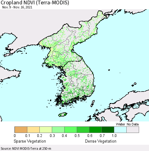 Korea Cropland NDVI (Terra-MODIS) Thematic Map For 11/9/2021 - 11/16/2021