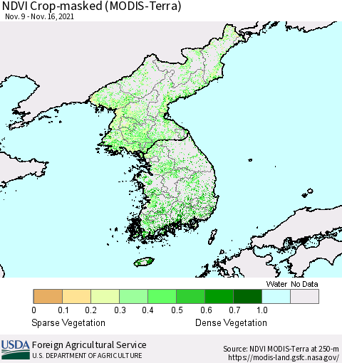 Korea Cropland NDVI (Terra-MODIS) Thematic Map For 11/11/2021 - 11/20/2021