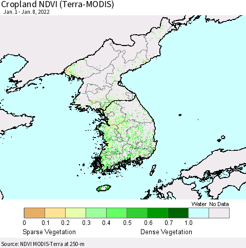 Korea Cropland NDVI (Terra-MODIS) Thematic Map For 1/1/2022 - 1/8/2022