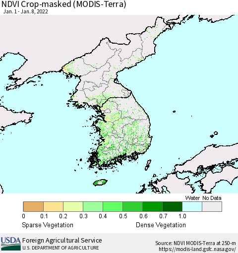 Korea Cropland NDVI (Terra-MODIS) Thematic Map For 1/1/2022 - 1/10/2022