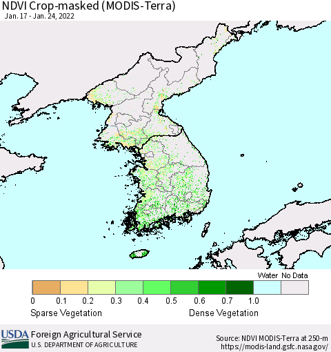 Korea Cropland NDVI (Terra-MODIS) Thematic Map For 1/21/2022 - 1/31/2022