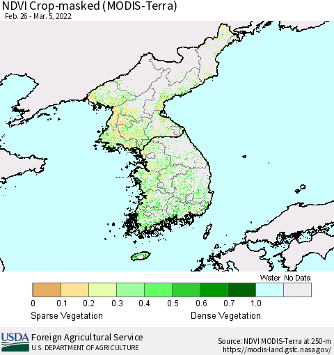 Korea Cropland NDVI (Terra-MODIS) Thematic Map For 3/1/2022 - 3/10/2022