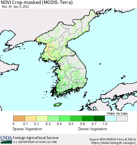 Korea Cropland NDVI (Terra-MODIS) Thematic Map For 4/1/2022 - 4/10/2022