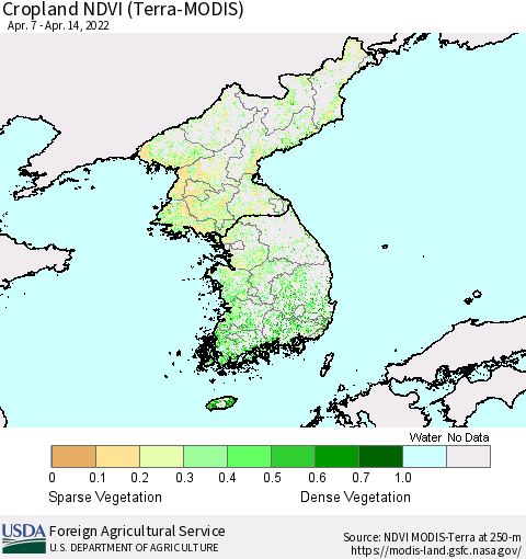 Korea Cropland NDVI (Terra-MODIS) Thematic Map For 4/11/2022 - 4/20/2022
