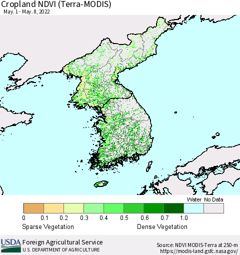 Korea Cropland NDVI (Terra-MODIS) Thematic Map For 5/1/2022 - 5/10/2022