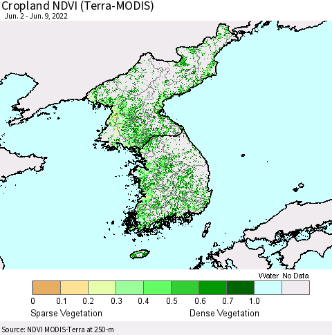 Korea Cropland NDVI (Terra-MODIS) Thematic Map For 6/2/2022 - 6/9/2022