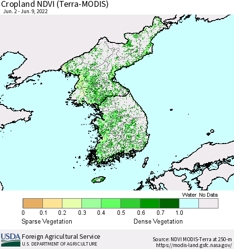 Korea Cropland NDVI (Terra-MODIS) Thematic Map For 6/1/2022 - 6/10/2022