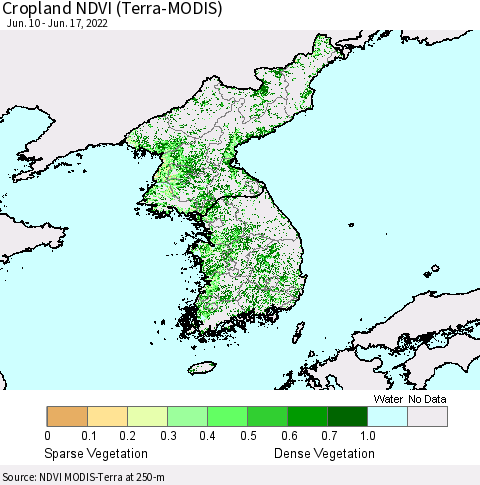Korea Cropland NDVI (Terra-MODIS) Thematic Map For 6/10/2022 - 6/17/2022