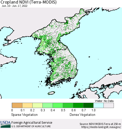 Korea Cropland NDVI (Terra-MODIS) Thematic Map For 6/11/2022 - 6/20/2022
