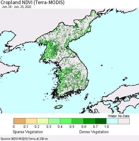 Korea Cropland NDVI (Terra-MODIS) Thematic Map For 6/18/2022 - 6/25/2022