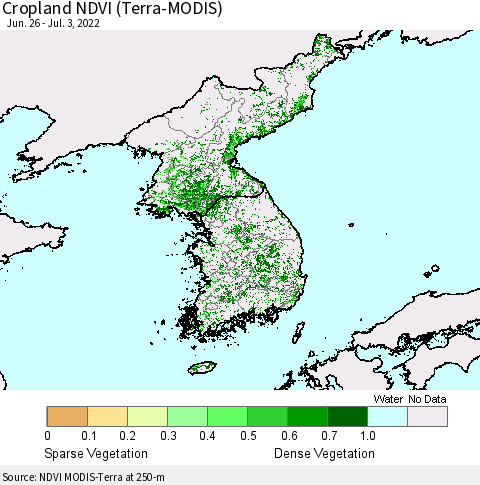 Korea Cropland NDVI (Terra-MODIS) Thematic Map For 6/26/2022 - 7/3/2022