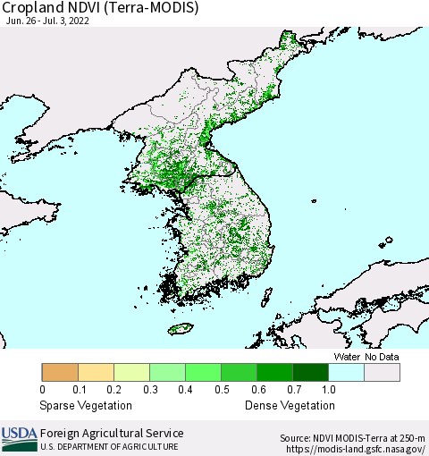 Korea Cropland NDVI (Terra-MODIS) Thematic Map For 7/1/2022 - 7/10/2022