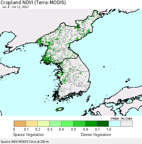 Korea Cropland NDVI (Terra-MODIS) Thematic Map For 7/4/2022 - 7/11/2022