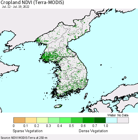 Korea Cropland NDVI (Terra-MODIS) Thematic Map For 7/12/2022 - 7/19/2022