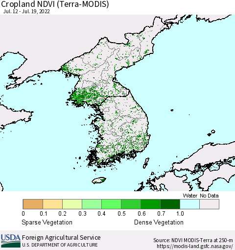 Korea Cropland NDVI (Terra-MODIS) Thematic Map For 7/11/2022 - 7/20/2022