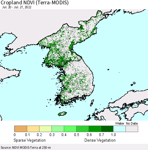 Korea Cropland NDVI (Terra-MODIS) Thematic Map For 7/20/2022 - 7/27/2022