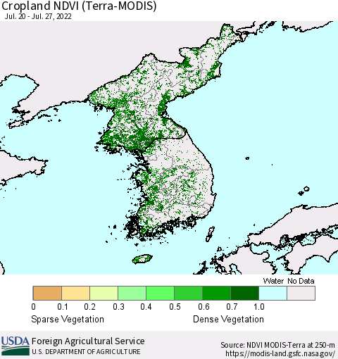 Korea Cropland NDVI (Terra-MODIS) Thematic Map For 7/21/2022 - 7/31/2022