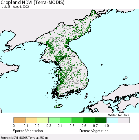 Korea Cropland NDVI (Terra-MODIS) Thematic Map For 7/28/2022 - 8/4/2022