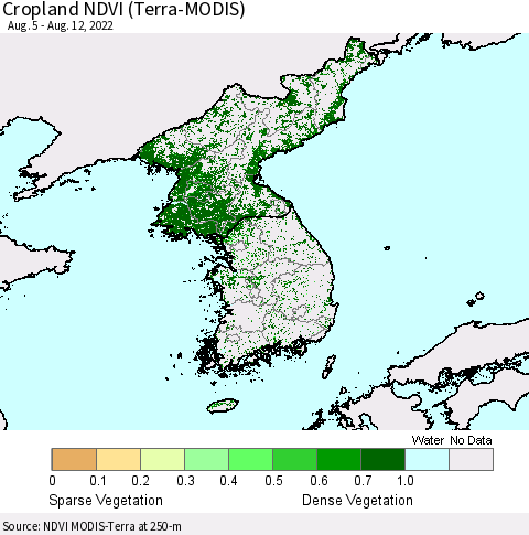 Korea Cropland NDVI (Terra-MODIS) Thematic Map For 8/5/2022 - 8/12/2022