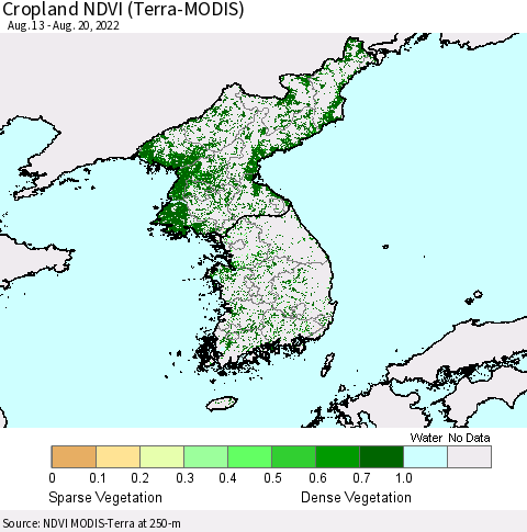 Korea Cropland NDVI (Terra-MODIS) Thematic Map For 8/11/2022 - 8/20/2022