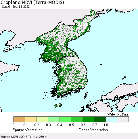 Korea Cropland NDVI (Terra-MODIS) Thematic Map For 9/6/2022 - 9/13/2022
