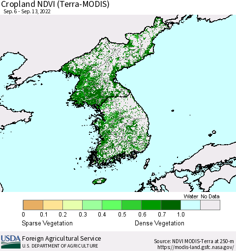 Korea Cropland NDVI (Terra-MODIS) Thematic Map For 9/11/2022 - 9/20/2022