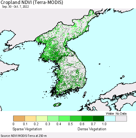 Korea Cropland NDVI (Terra-MODIS) Thematic Map For 9/30/2022 - 10/7/2022