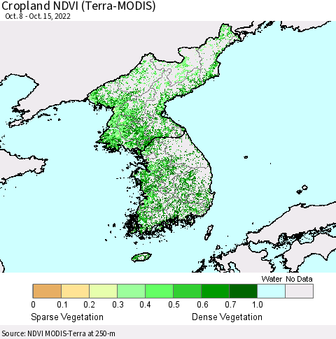 Korea Cropland NDVI (Terra-MODIS) Thematic Map For 10/8/2022 - 10/15/2022