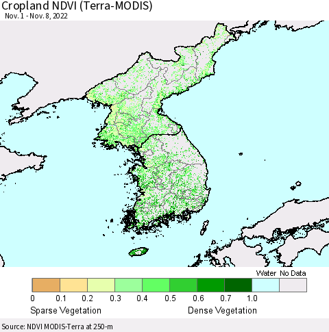 Korea Cropland NDVI (Terra-MODIS) Thematic Map For 11/1/2022 - 11/8/2022