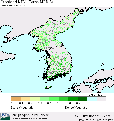 Korea Cropland NDVI (Terra-MODIS) Thematic Map For 11/11/2022 - 11/20/2022