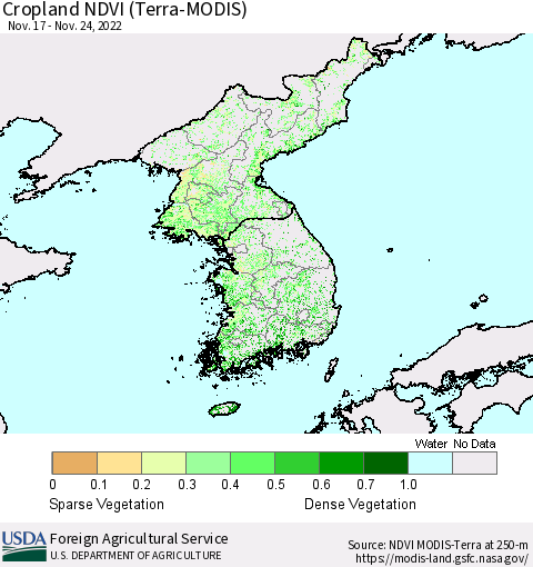Korea Cropland NDVI (Terra-MODIS) Thematic Map For 11/21/2022 - 11/30/2022