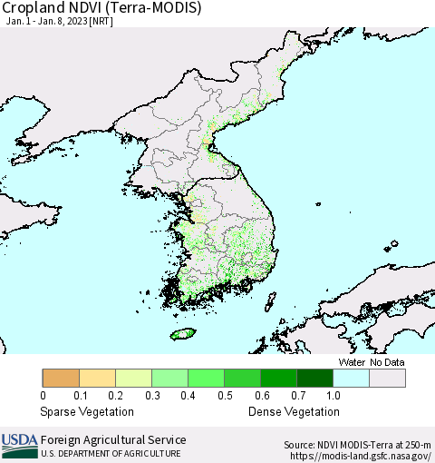 Korea Cropland NDVI (Terra-MODIS) Thematic Map For 1/1/2023 - 1/10/2023