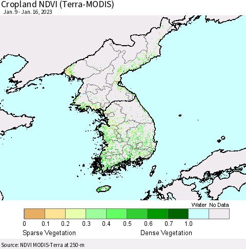 Korea Cropland NDVI (Terra-MODIS) Thematic Map For 1/9/2023 - 1/16/2023