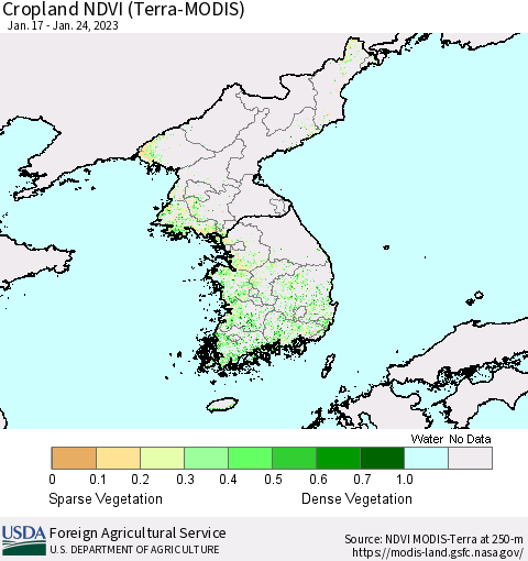 Korea Cropland NDVI (Terra-MODIS) Thematic Map For 1/21/2023 - 1/31/2023