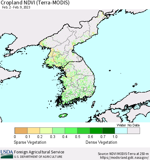 Korea Cropland NDVI (Terra-MODIS) Thematic Map For 2/1/2023 - 2/10/2023