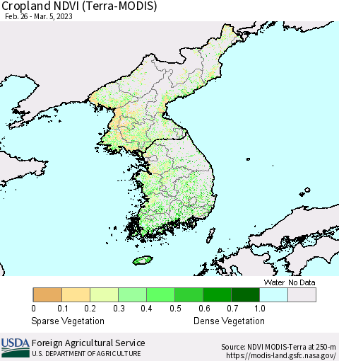 Korea Cropland NDVI (Terra-MODIS) Thematic Map For 3/1/2023 - 3/10/2023