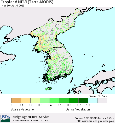 Korea Cropland NDVI (Terra-MODIS) Thematic Map For 4/1/2023 - 4/10/2023